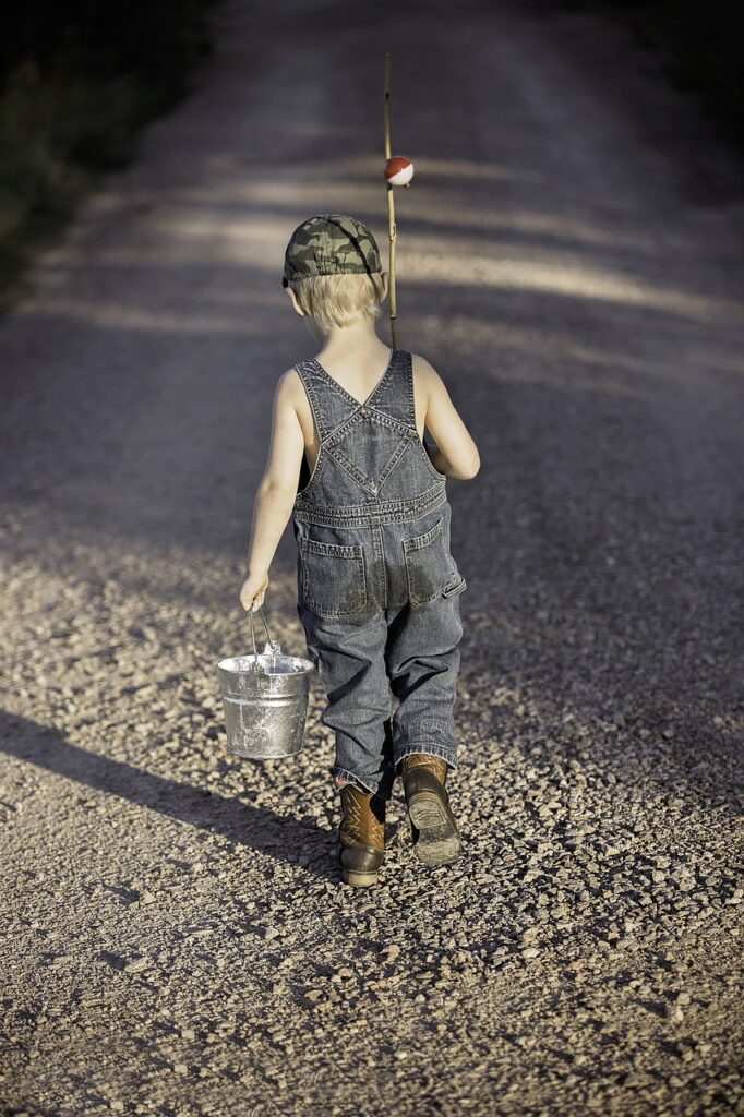 boy, child, fishing rod, bucket, fishing, fisherman, kid, young, small, childhood, walking, summer, adventure, lifestyle, nature, outdoors, back view, fishing, fishing, fishing, fishing, fishing